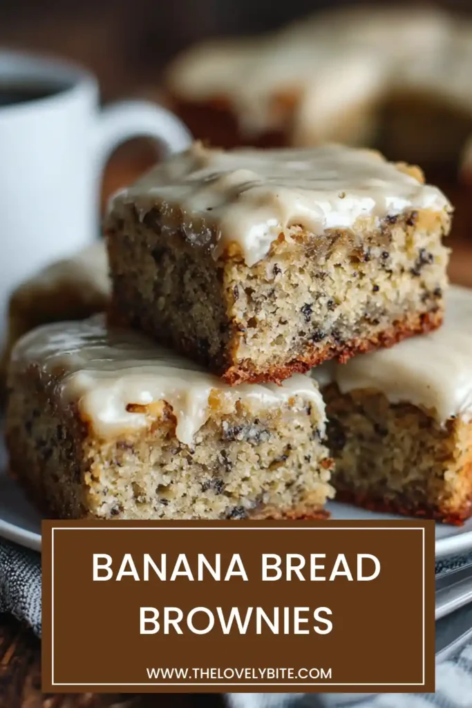 Homemade Banana Bread Brownies served on a dessert plate with rich frosting and chopped walnuts. The bars are moist, fluffy, and perfect for dessert lovers.