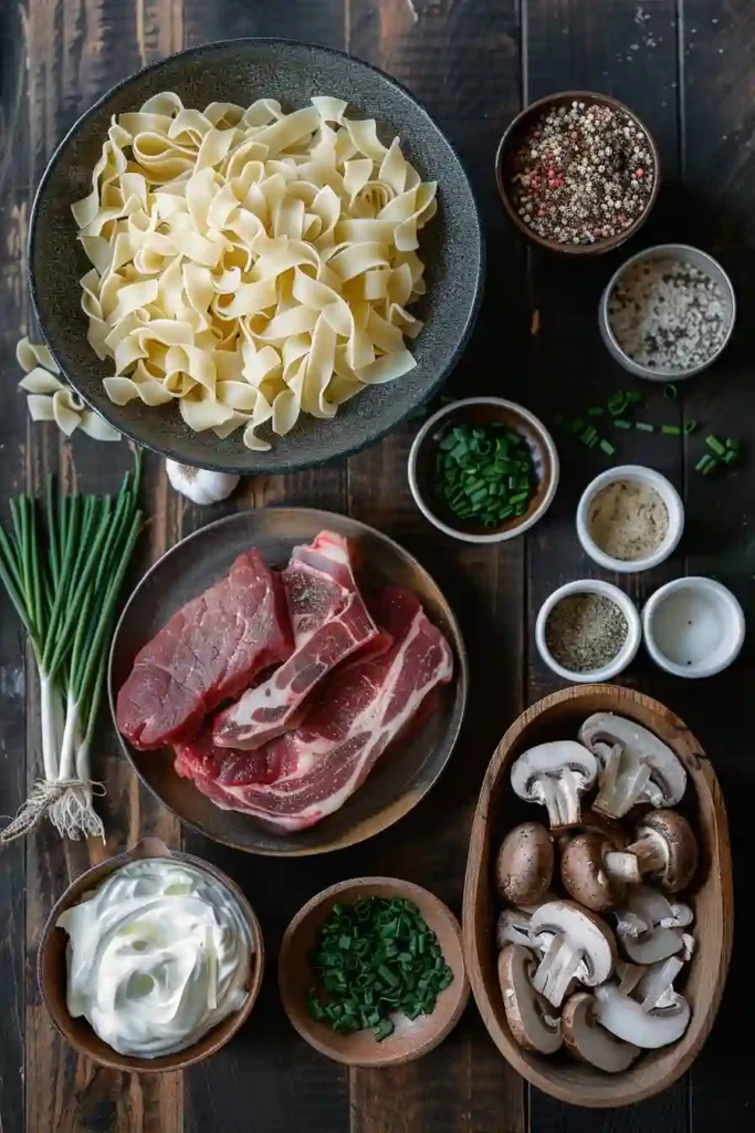 A bowl of creamy Beef Stroganoff served over egg noodles with tender beef strips and sautéed mushrooms in a rich savory sauce. This comforting dinner recipe is perfect for family meals.