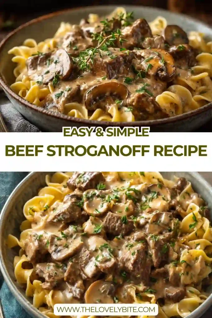 Classic Beef Stroganoff with juicy steak strips, creamy mushroom sauce, and pasta topped with fresh chives. A warm and hearty comfort food recipe.