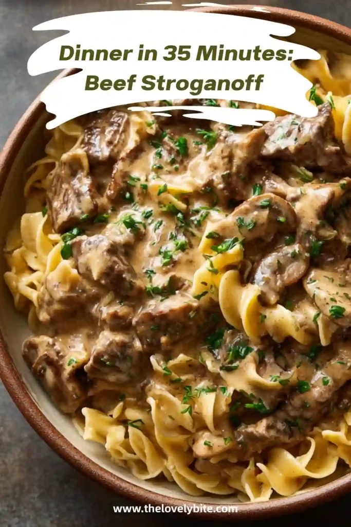 Creamy Beef Stroganoff recipe made with tender beef, mushrooms, onions, and sour cream sauce served over buttery noodles. Ideal for easy weeknight dinners.