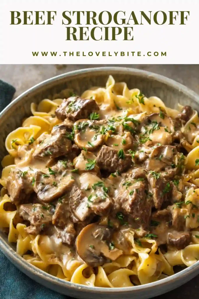 Homemade Beef Stroganoff in a skillet with rich mushroom gravy and perfectly cooked beef strips. A cozy and flavorful dinner idea.