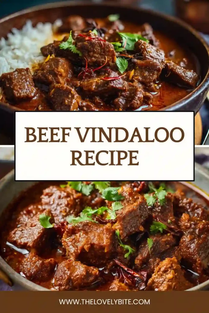 Homemade Beef Vindaloo served in a rustic bowl with bold red curry sauce and soft chunks of beef. The dish features classic spicy curry flavors with garlic, tomatoes, and warming spices.