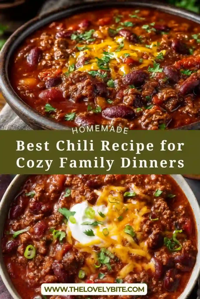 A bowl of Best Chili Recipe topped with shredded cheddar cheese, cilantro, and green onions. This hearty homemade beef chili is thick, rich, and perfect for cozy dinners.