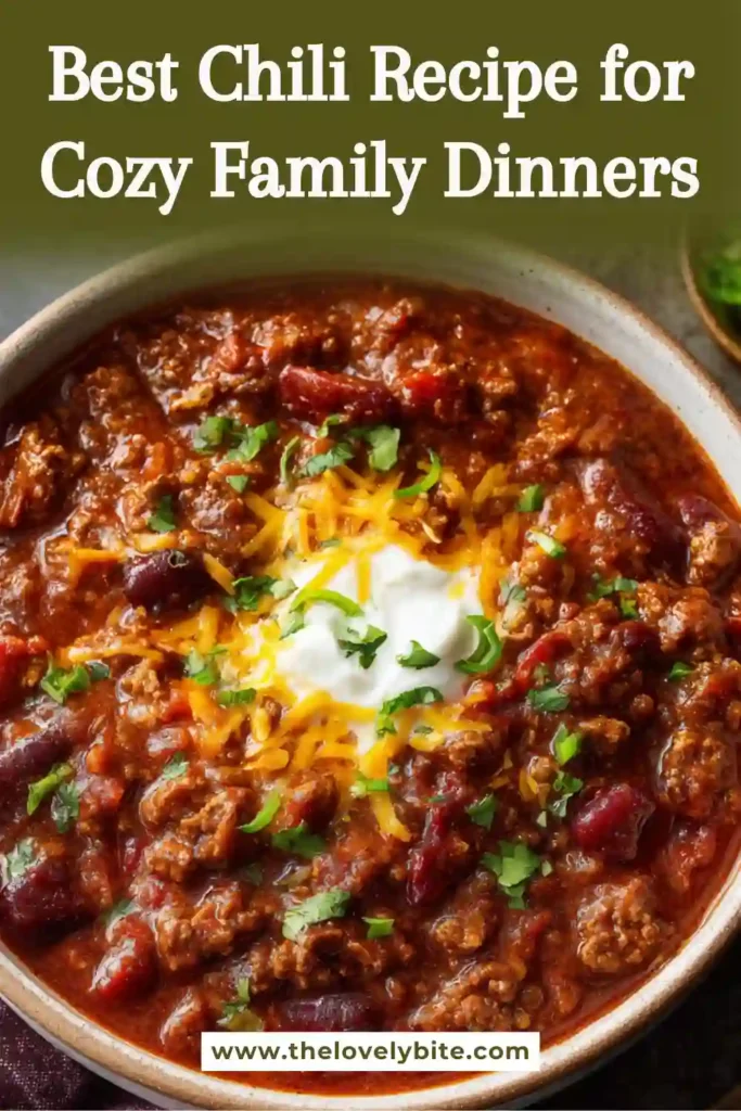 Close-up of a hearty beef chili recipe topped with melted cheese and fresh herbs. This classic chili recipe is ideal for family dinners and meal prep.