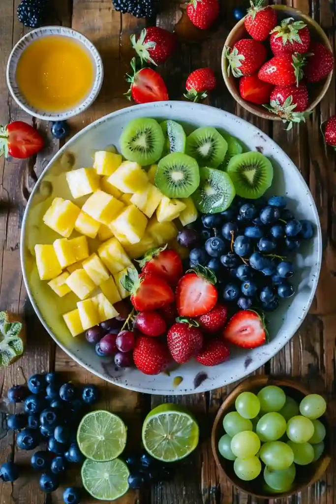 A large bowl of Best Fruit Salad filled with strawberries, blueberries, blackberries, grapes, pineapple, and kiwi tossed in honey lime dressing. The colorful fresh fruit looks bright and refreshing.