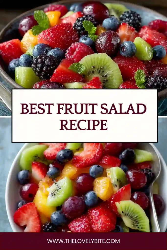 Close-up view of a homemade Best Fruit Salad featuring fresh mixed berries, pineapple chunks, kiwi, and grapes. The honey lime dressing gives the fruit a glossy, refreshing finish.