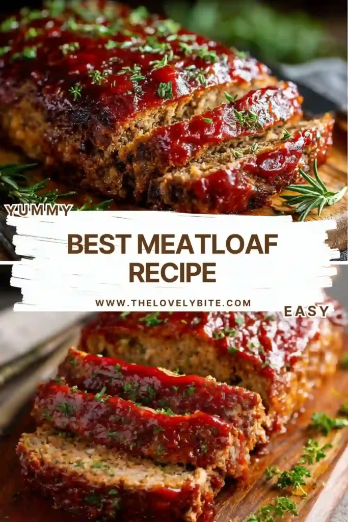 A sliced Best Meatloaf Recipe topped with a glossy tangy glaze and served on a dinner plate. The homemade meatloaf looks juicy, tender, and perfect for a comforting family dinner.