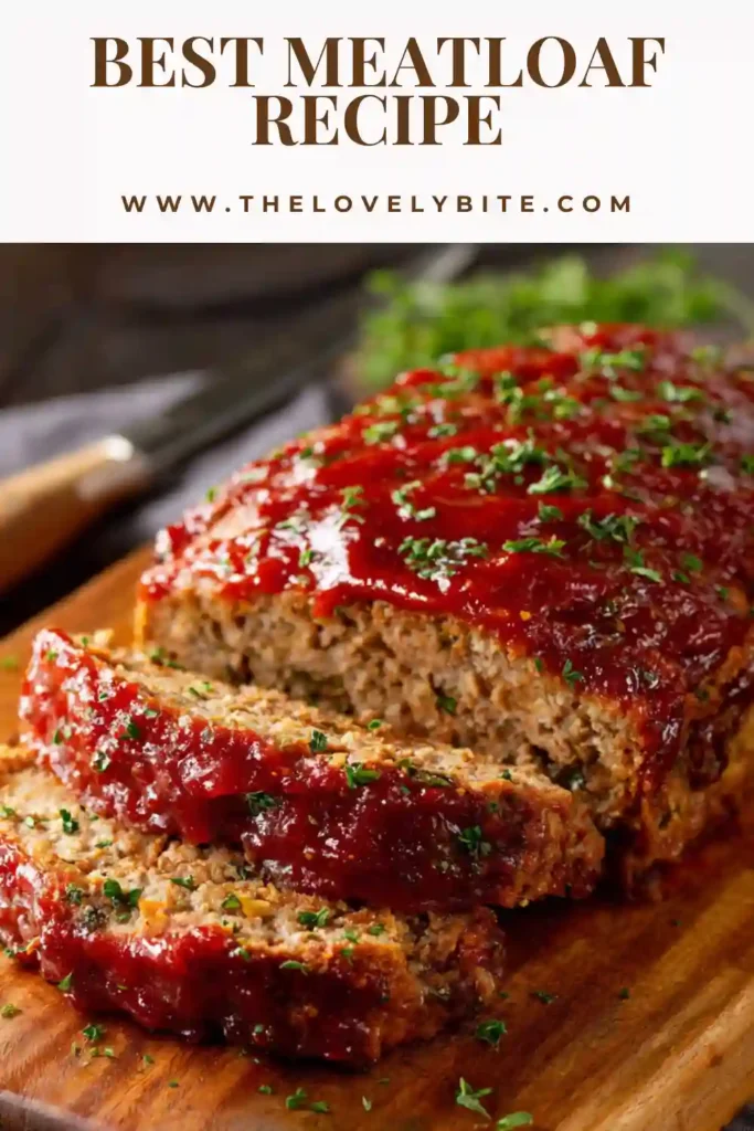 A close-up view of juicy meatloaf slices with savory seasoning and caramelized glaze. This Best Meatloaf Recipe is hearty, flavorful, and oven baked to perfection.