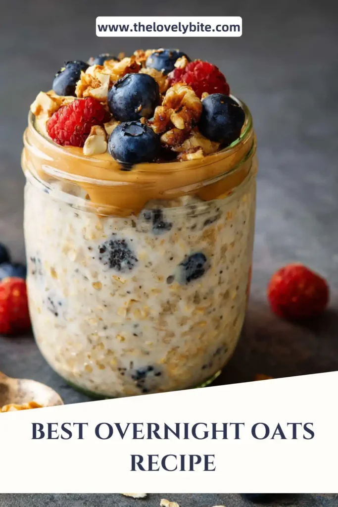 Peanut butter overnight oats topped with peanut butter drizzle and rolled oats in a mason jar. This easy overnight oats recipe is ideal for busy mornings.