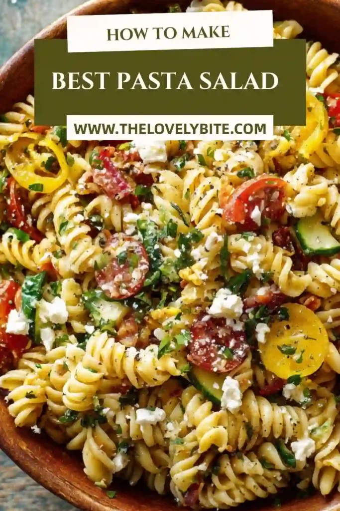 Fresh Best Pasta Salad served in a white bowl with rotini pasta, mozzarella pearls, cherry tomatoes, parsley, and pepperoncini. The homemade Italian dressing gives the salad a glossy and flavorful finish.