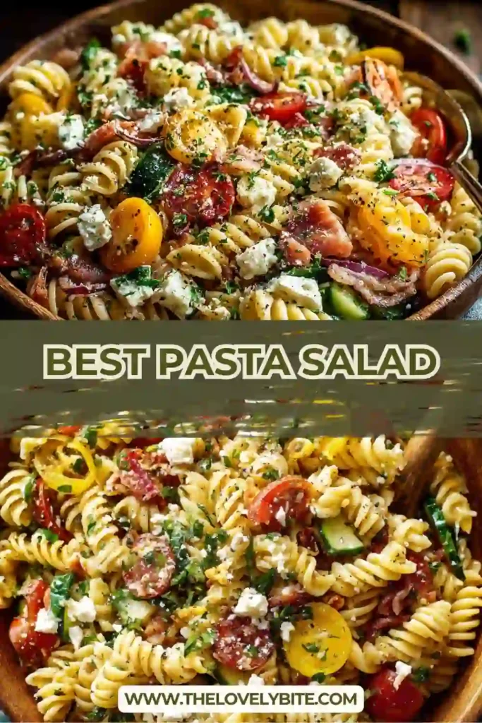 Close-up of an easy Italian-inspired Best Pasta Salad with tender pasta, sliced olives, mozzarella cheese, and juicy tomatoes. This cold pasta salad recipe is ideal for potlucks and family gatherings.