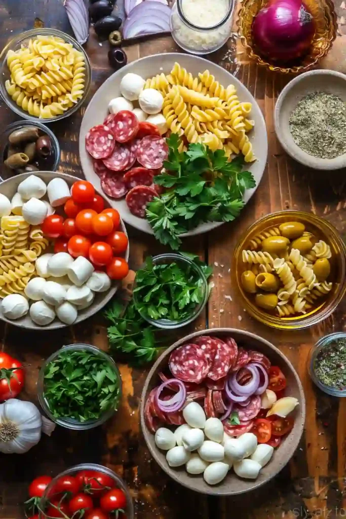 A large bowl of Best Pasta Salad filled with rotini pasta, cherry tomatoes, mozzarella cheese, olives, and beef salami tossed in homemade Italian dressing. This colorful pasta salad looks fresh, vibrant, and perfect for summer meals.