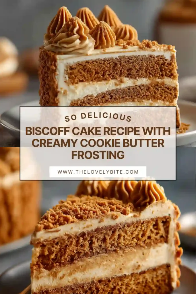 A layered Biscoff Cake frosted with creamy cookie butter buttercream and topped with crushed Lotus Biscoff cookies. The cake has soft golden layers and a rich caramelized cookie flavor.