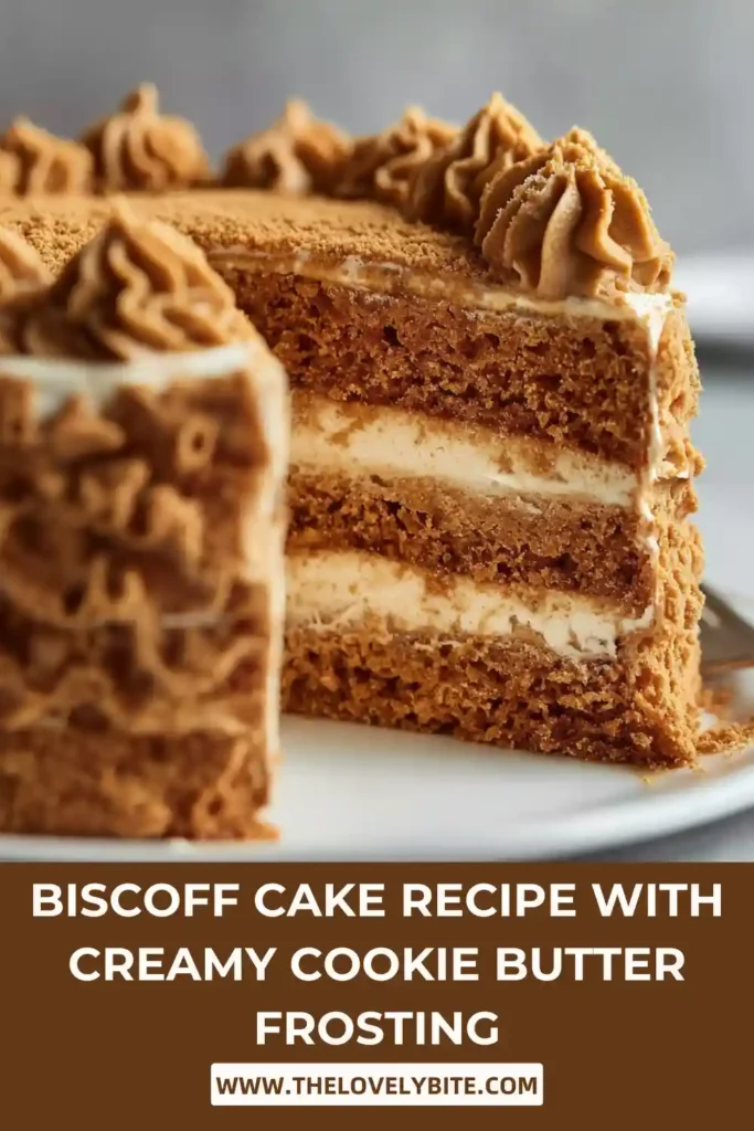 Moist Biscoff layer cake with smooth cookie butter frosting displayed on a cake stand. Crushed Biscoff cookies decorate the top and sides for extra texture and flavor.