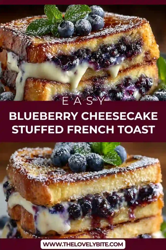 Golden Blueberry Cheesecake Stuffed French Toast served with maple syrup and fresh blueberries on a white breakfast plate. The brioche toast has a creamy cheesecake center and crispy cinnamon-coated edges.