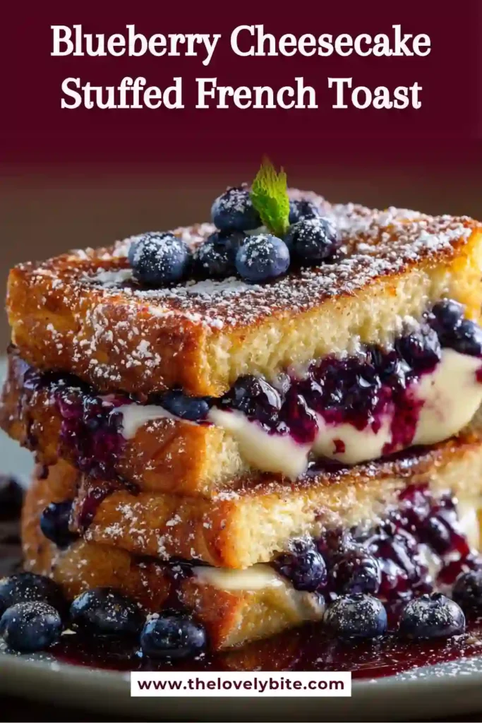 Close-up of Blueberry Cheesecake Stuffed French Toast filled with sweet cream cheese and blueberries. Thick brioche slices are pan-fried until golden brown and topped with powdered sugar.