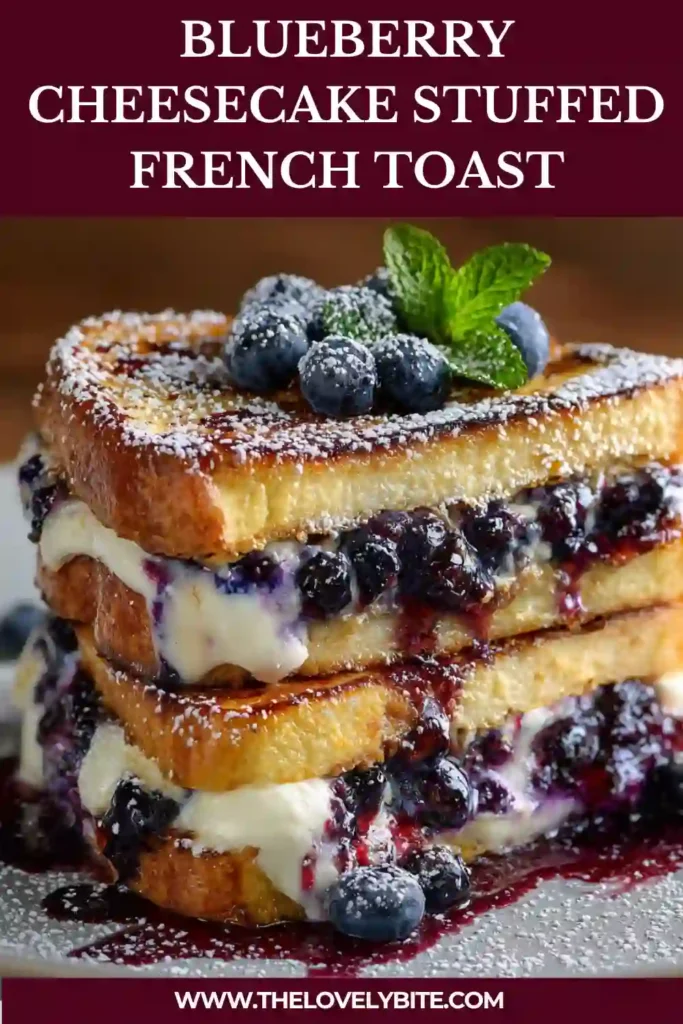 A stack of Blueberry Cheesecake Stuffed French Toast with fresh blueberries and syrup dripping over crispy brioche slices. The creamy cheesecake filling creates a rich and indulgent breakfast texture.
