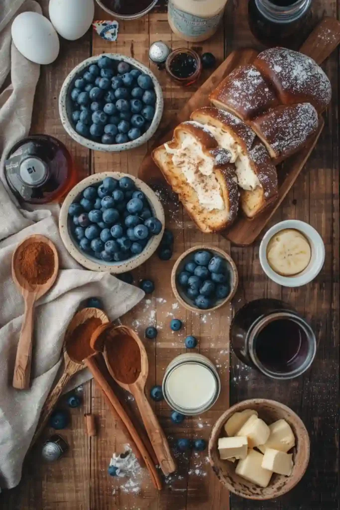 Homemade Blueberry Cheesecake Stuffed French Toast cooked in a skillet until crisp and golden. Served warm with fresh berries and dusted icing sugar for a cozy brunch presentation.