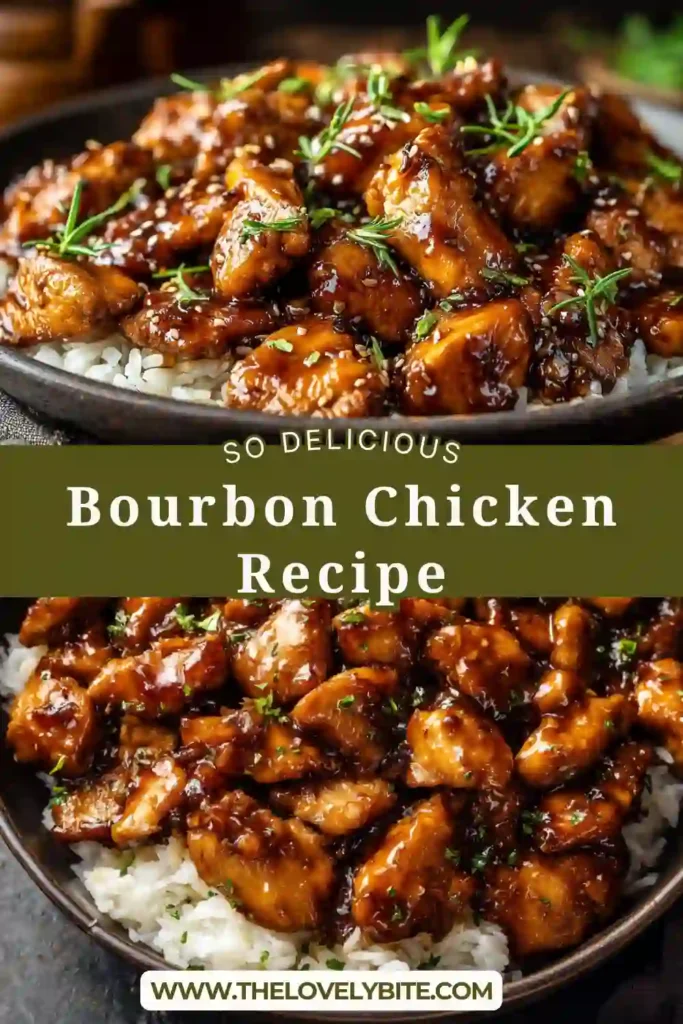 Close-up of sticky Bourbon Chicken Recipe in a skillet with tender chicken pieces simmered in a thick homemade sauce. Garnished with fresh green onions for extra flavor and color.