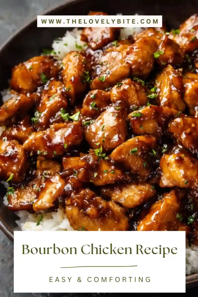 Halal-friendly Bourbon Chicken Recipe served fresh with fluffy rice and savory garlic orange sauce. The chicken looks juicy, caramelized, and perfectly glazed.
