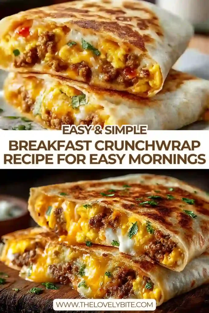 A crispy Breakfast Crunchwrap sliced in half and filled with fluffy scrambled eggs, melted cheddar cheese, beef sausage, and colorful vegetables. The golden tortilla creates the perfect crunchy breakfast texture.