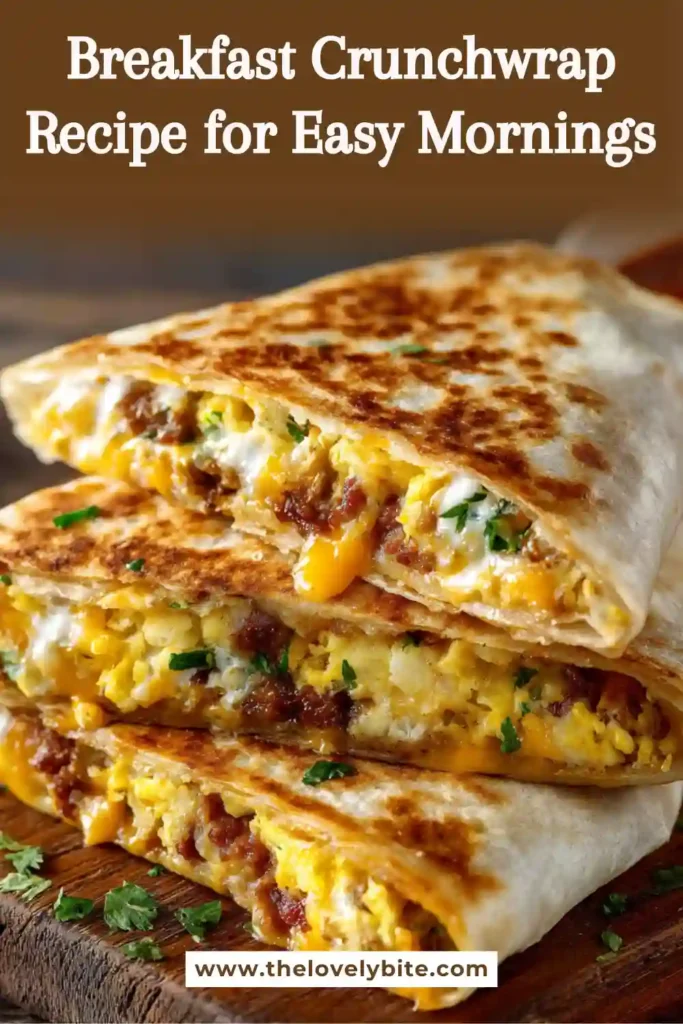 Golden brown Breakfast Crunchwrap wraps served warm with cheesy eggs and seasoned beef sausage inside. Fresh vegetables add vibrant color and flavor to this satisfying breakfast meal.