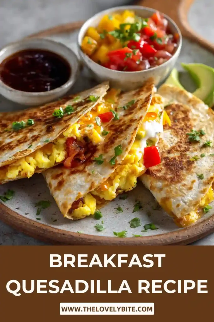 Close-up of a breakfast quesadilla sliced into pieces with fluffy eggs and sausage inside a toasted low-carb tortilla.
