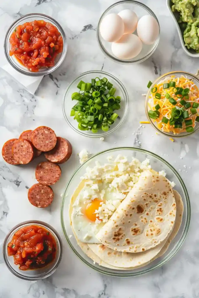 Homemade breakfast quesadilla recipe cooked until crispy, filled with eggs, scallions, and chicken sausage.
