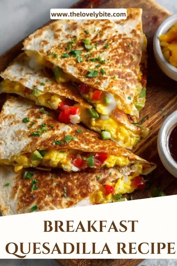 Healthy breakfast quesadilla recipe served with salsa and guacamole, showing melted cheese and savory filling.