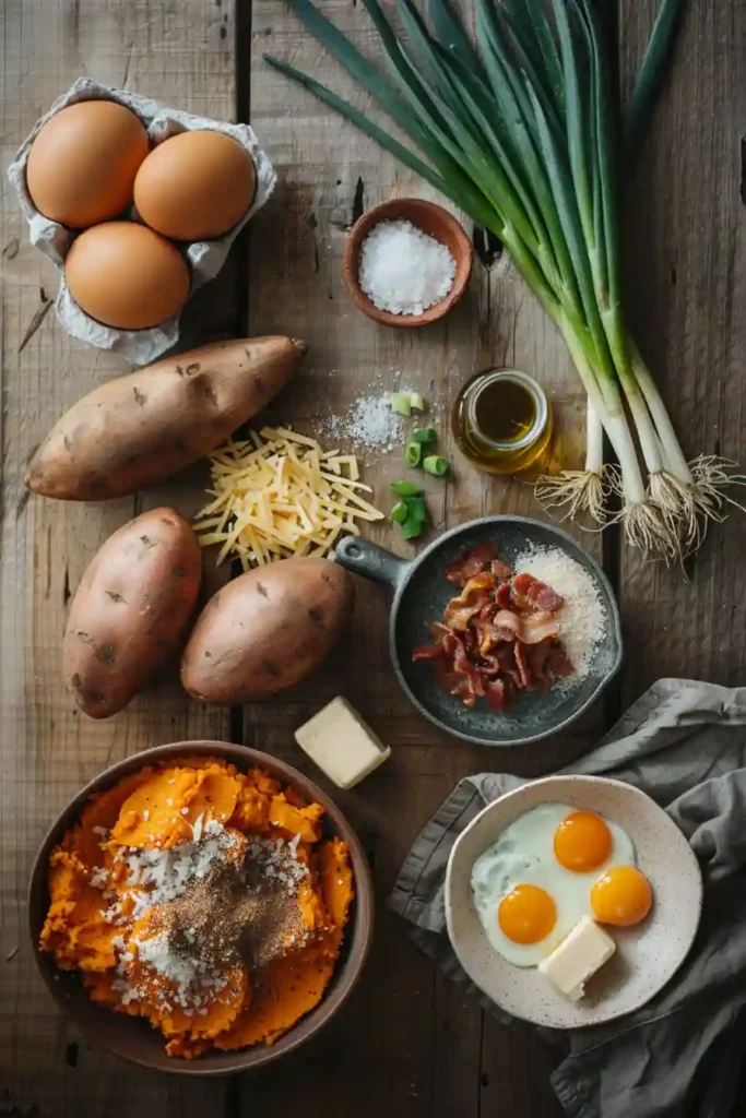 A baked Breakfast Sweet Potato filled with creamy mashed sweet potato, melted cheddar cheese, turkey bacon, and a perfectly cooked egg. Fresh scallions add color and flavor to this hearty breakfast recipe.