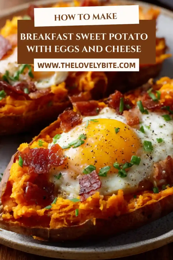 Stuffed sweet potatoes topped with baked eggs and turkey bacon served on a baking tray. This healthy Breakfast Sweet Potato recipe is warm, cheesy, and satisfying.