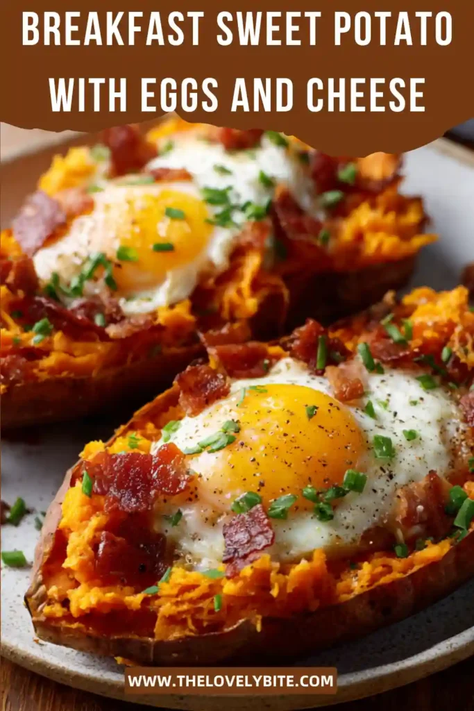 Close-up of a Breakfast Sweet Potato with melted cheese, soft baked egg, and minced scallions. The sweet potato skins are crispy while the filling stays creamy and rich.