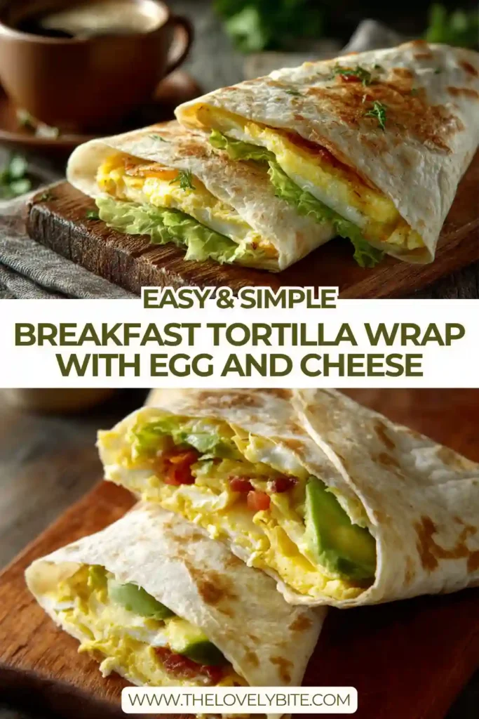 A crispy breakfast tortilla wrap filled with egg, cheese, lettuce, and cherry tomatoes on a plate. The tortilla is golden brown and folded into a triangle shape.