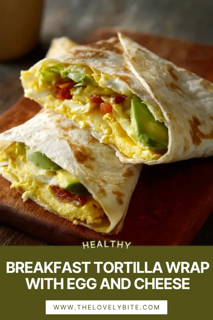 Close-up of a breakfast tortilla wrap with melted cheese and fluffy egg inside, paired with fresh vegetables for a healthy morning meal.