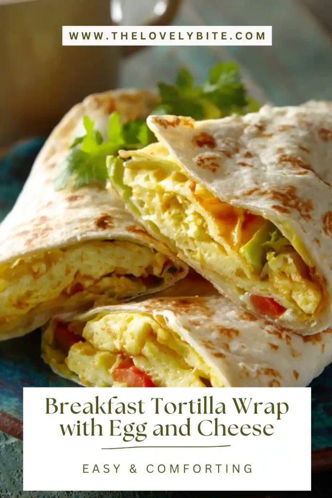 Golden toasted breakfast tortilla wrap cut open to reveal egg and cheese filling with fresh lettuce and tomatoes.