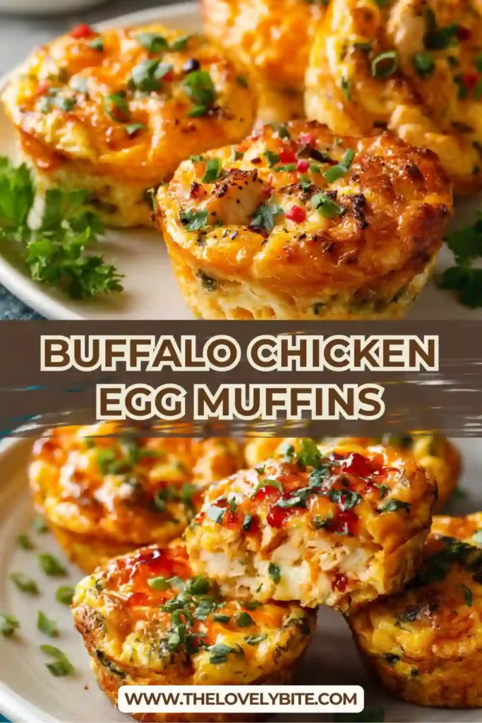 Freshly baked Buffalo Chicken Egg Muffins arranged on a serving platter. These high protein breakfast muffins are filled with chicken, spinach, bell peppers, and buffalo sauce.