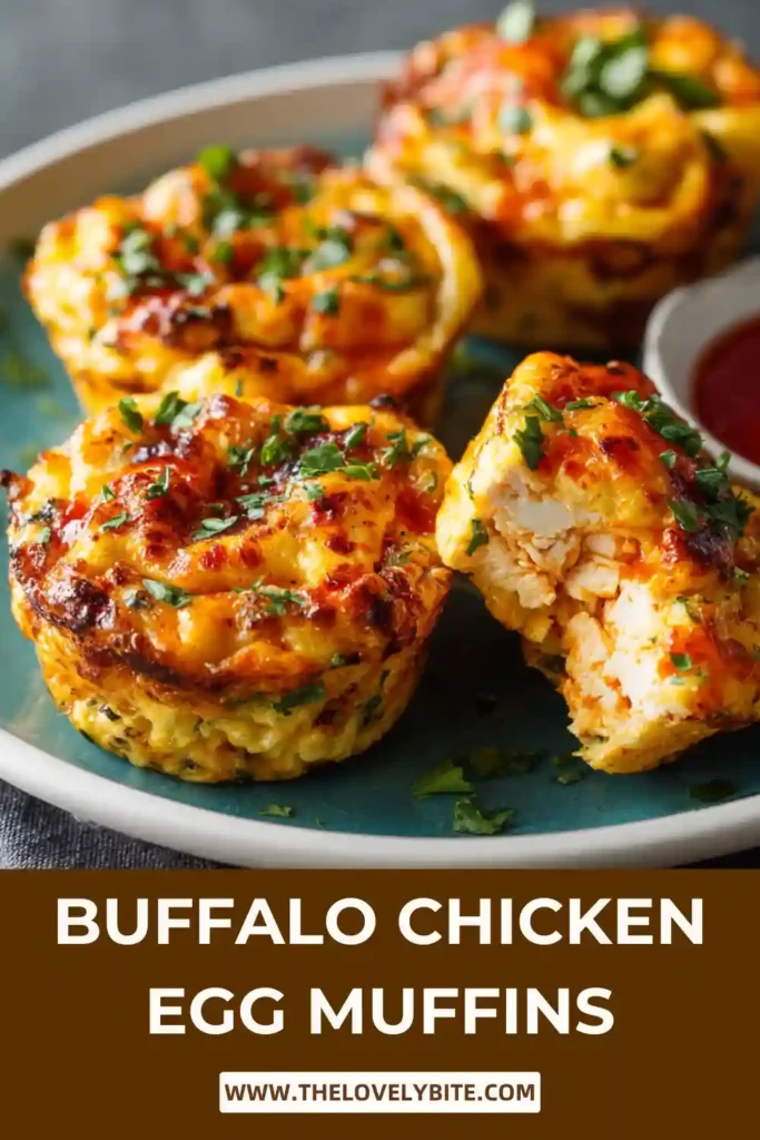 Close-up view of Buffalo Chicken Egg Muffins showing fluffy eggs and savory chicken filling. A healthy meal prep breakfast option packed with protein.