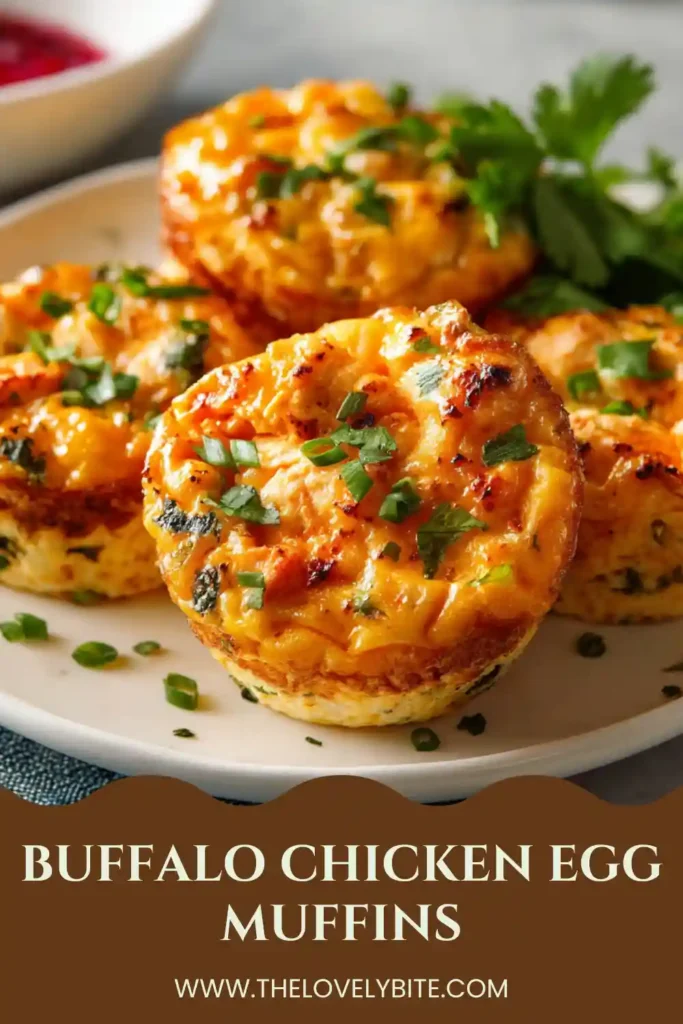 Buffalo Chicken Egg Muffins served on a white plate with fresh green onions. A delicious gluten-free breakfast recipe for meal prep.