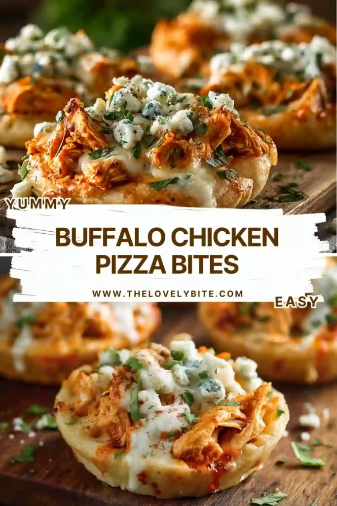 Close-up of crispy Buffalo Chicken Pizza Bites with spicy buffalo sauce drizzled over melted cheese. These cheesy mini pizza appetizers are baked until perfectly golden.