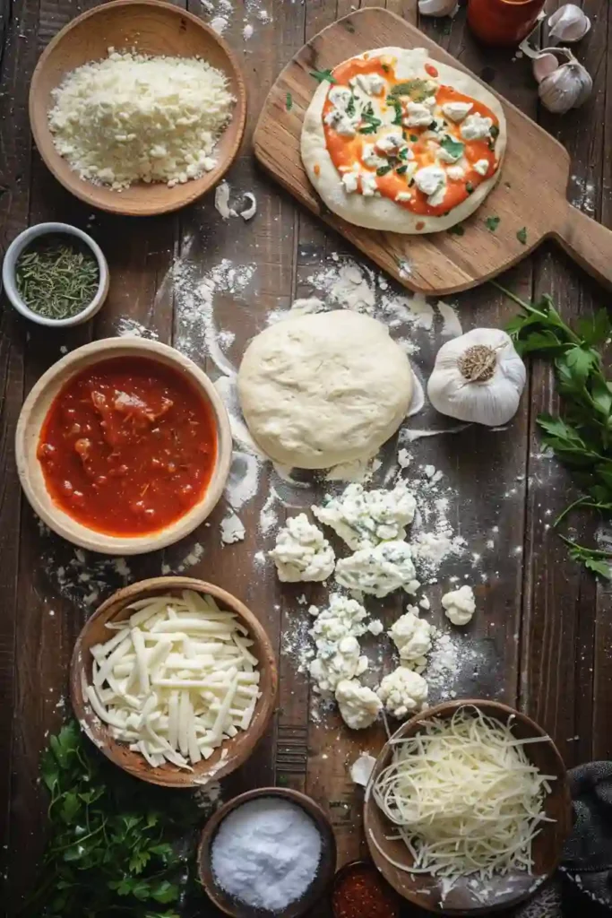 A tray of Buffalo Chicken Pizza Bites topped with melted mozzarella cheese, buffalo chicken, and blue cheese crumbles. The mini pizzas are golden brown and served warm with dipping sauce.