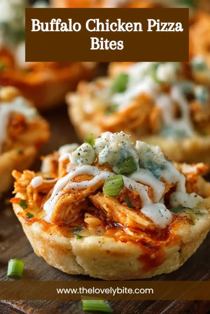 Homemade Buffalo Chicken Pizza Bites arranged on a serving platter with ranch dressing. The mini pizzas feature buffalo chicken, mozzarella, and crispy crusts.