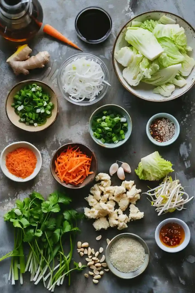 Overhead view of cabbage stir fry with chicken and vegetables, highlighting textures and rich colors.