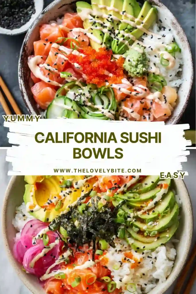 Fresh California Sushi Bowls served with sushi rice, chopped imitation crab, sliced avocado, cucumber, and nori. The spicy mayo drizzle adds creamy flavor to this easy sushi rice bowl.