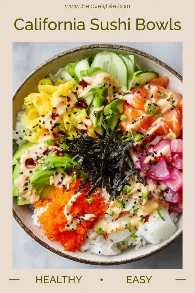 Homemade California Sushi Bowls filled with fluffy sushi rice, crunchy cucumber, imitation crab, avocado, and furikake seasoning. A simple and flavorful Japanese-inspired dinner idea.