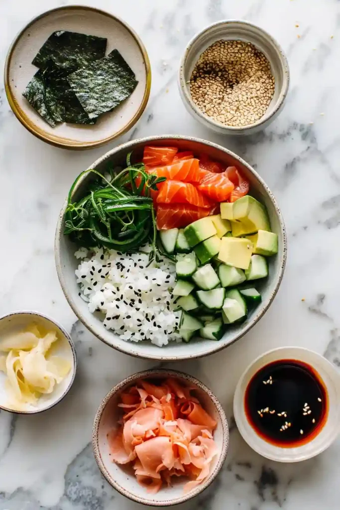 A bowl of California Sushi Bowls topped with creamy avocado, imitation crab, cucumber, sesame seeds, and spicy mayo over seasoned sushi rice. This homemade sushi bowl recipe is colorful, fresh, and easy to make.