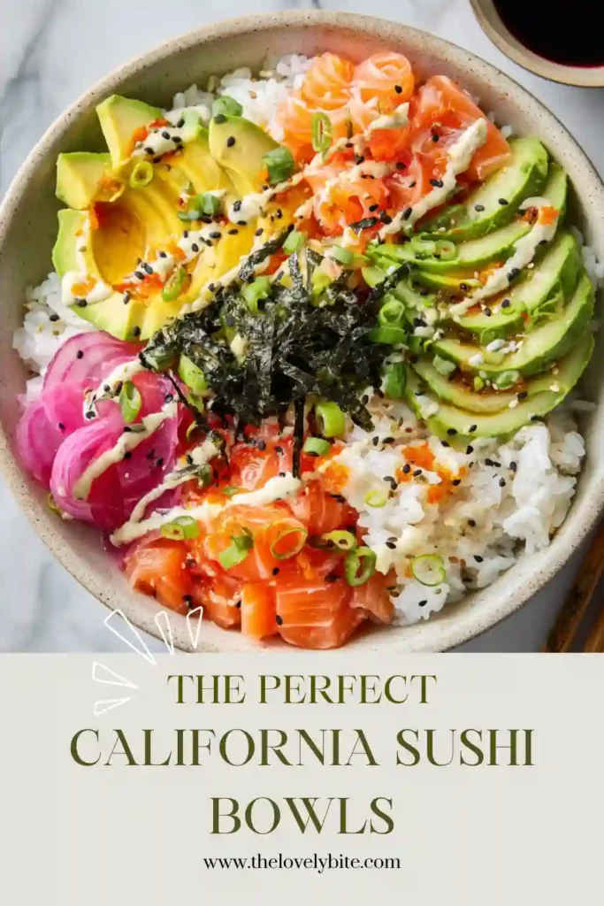 Easy California Sushi Bowls featuring sushi rice, creamy avocado, imitation crab, sesame seeds, and spicy mayo. This deconstructed California roll bowl is fresh and satisfying.