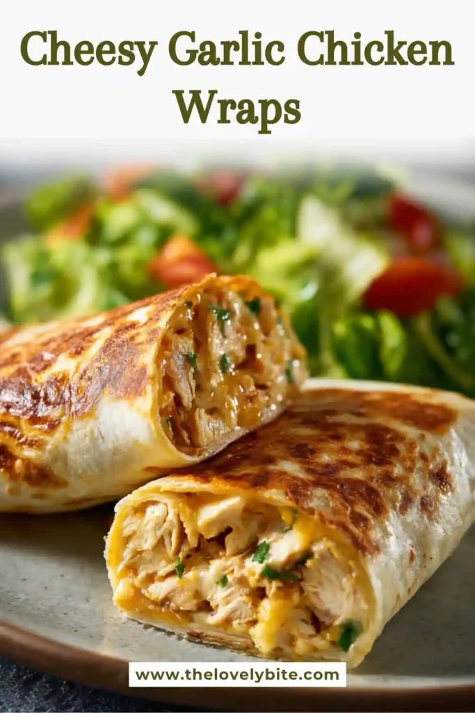 Close-up of crispy Cheesy Garlic Chicken Wraps cooked until golden brown and stuffed with creamy garlic chicken filling and melted cheese. Perfect quick lunch or dinner recipe.