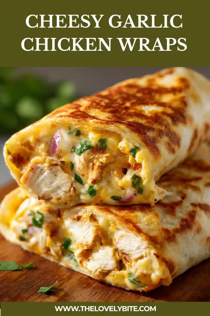 Homemade Cheesy Garlic Chicken Wraps served warm with melted cheese, chopped green onions, and seasoned chicken inside toasted tortillas. A flavorful high-protein wrap idea.