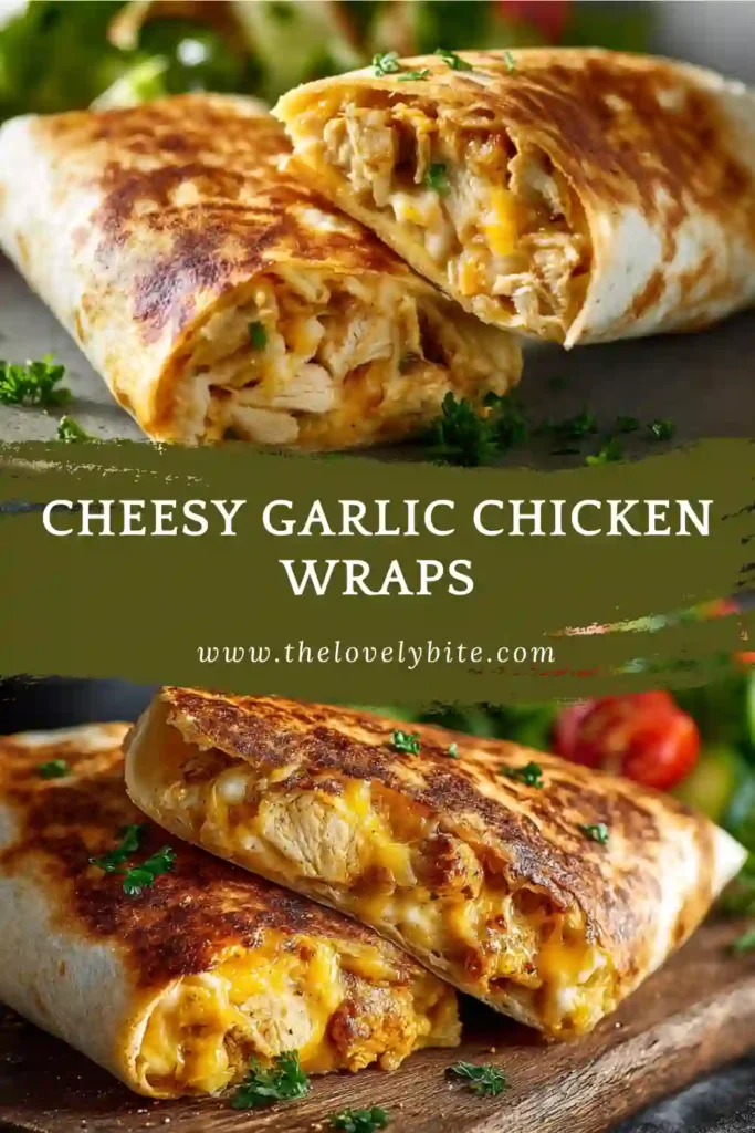 Freshly made Cheesy Garlic Chicken Wraps with crispy tortillas, garlic chicken filling, and gooey melted cheese on a serving plate. Easy family-friendly dinner recipe.