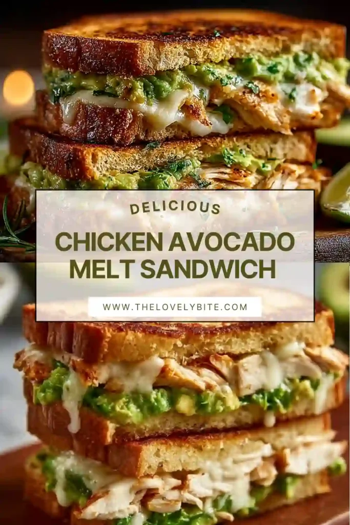 This cheesy chicken avocado sandwich features creamy mashed avocado, juicy shredded chicken, and gooey cheddar cheese grilled between crunchy toasted bread. Perfect for quick lunch recipes and easy dinners.